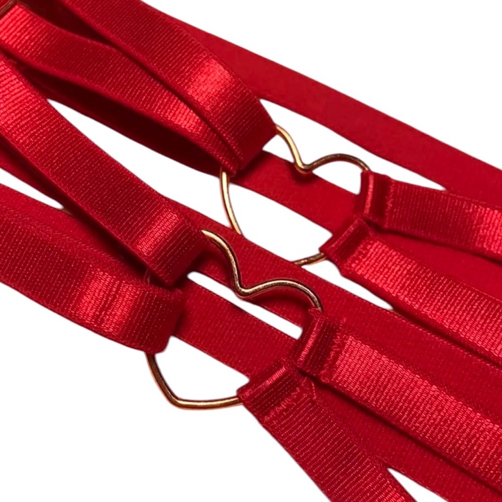 Red Thigh Garder Belts Pair With Gold Hearts ADJUSTABLE New